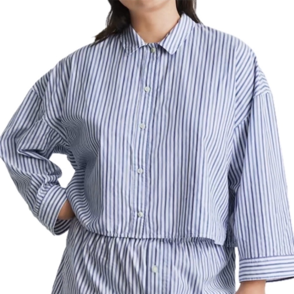 New Everlane 100% Cotton The Woven PJ Button Down Top Blue Stripe Size XXS